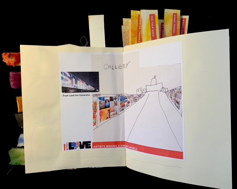Open journal showing artwork, a mural image, and a gallery sketch with handwritten "GALLERY."
