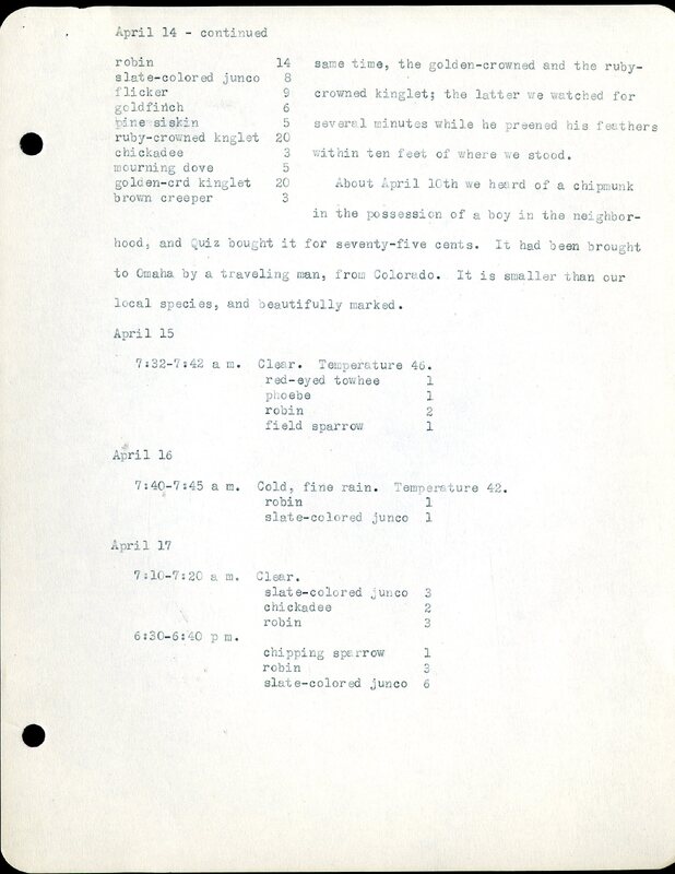 Frank H. Shoemaker typescript, 11 pages, on birds living in bird room in Omaha home with a list of birds in general Omaha region.