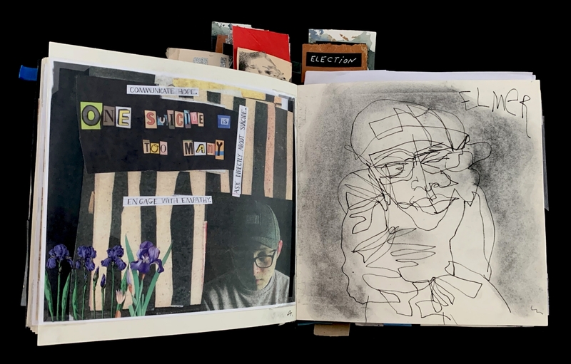An open sketchbook displaying a collage with text about suicide on the left and an abstract line drawing of a face on the right.