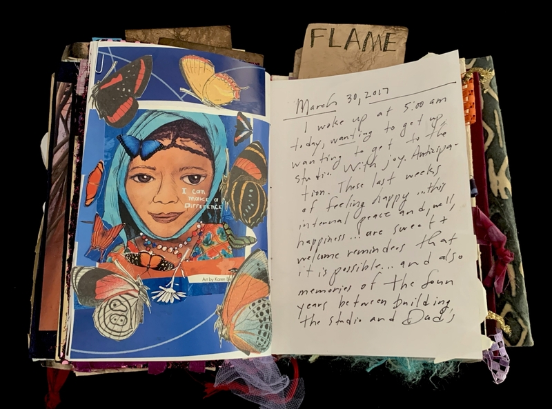 A journal entry dated March 30, 2017, accompanied by a vibrant illustration of a person adorned with butterflies and the phrase "I can make a difference."