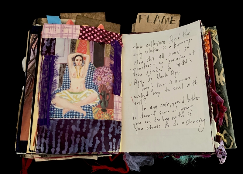 A mixed-media art piece featuring a collage of fabric, paper, and a handwritten note.