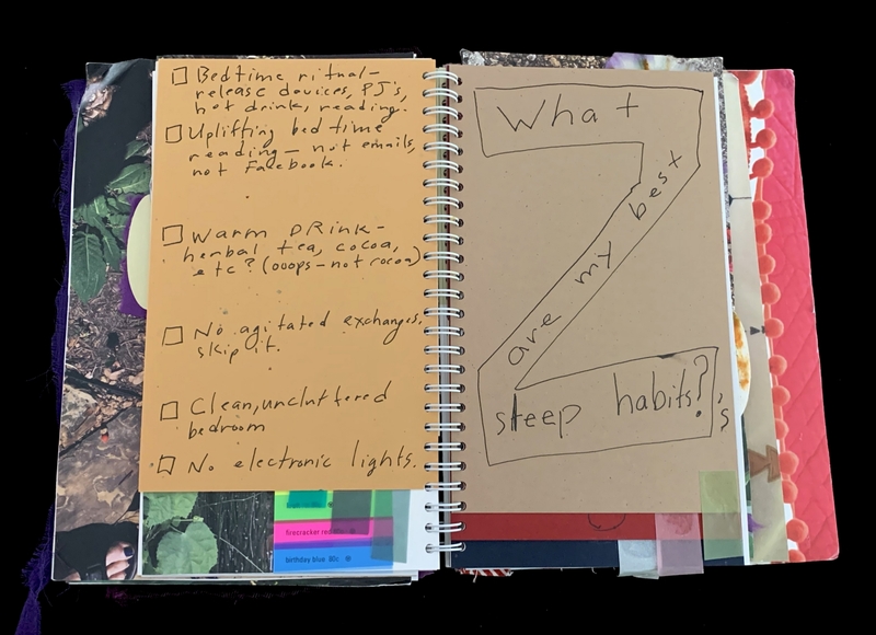 A notebook page with a list of bedtime habits and a question about sleep habits.