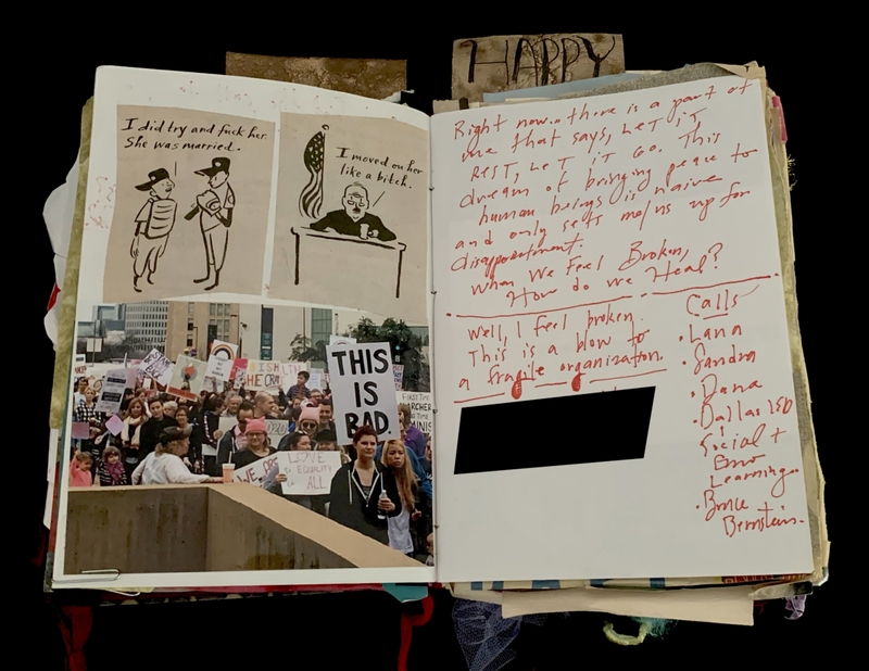 A collage of personal reflections, protest imagery, and handwritten notes.