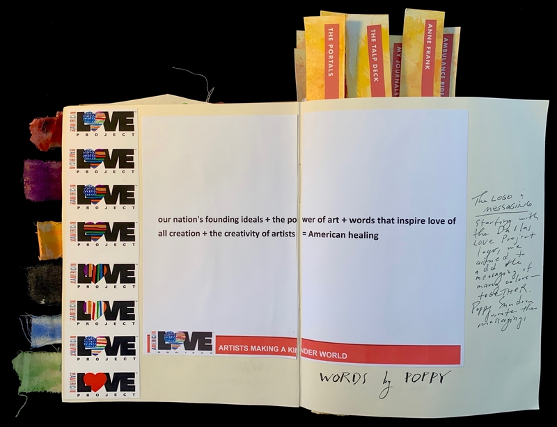 Open journal with "The AmericanLove Project" logos, colorful fabric tabs, and typewritten and handwritten text.