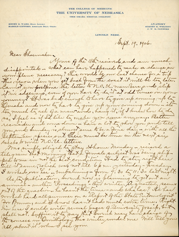 Handwritten 2 page letter from Robert H. Wolcott to Frank H. Shoemaker, "Yours of the 18th recieved and am much disappointed- what can have happend to make a change in your plans necessary?"