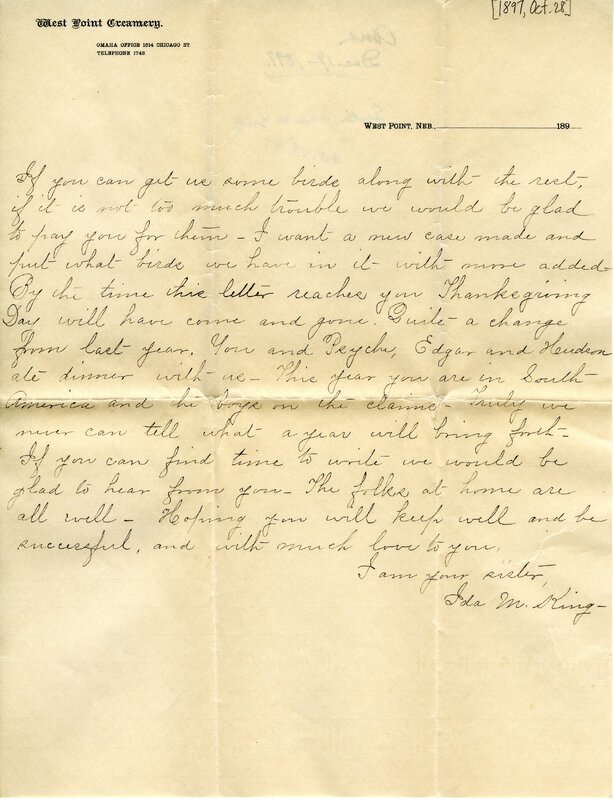 Handwritten 4 page letter from Ida M. King to Lawrence Bruner, "For a long time I have been saying I would write you…"