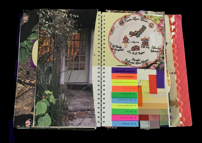 A scrapbook page featuring a photograph of a house, a colorful illustration of a baby's birth announcement, and a color chart.