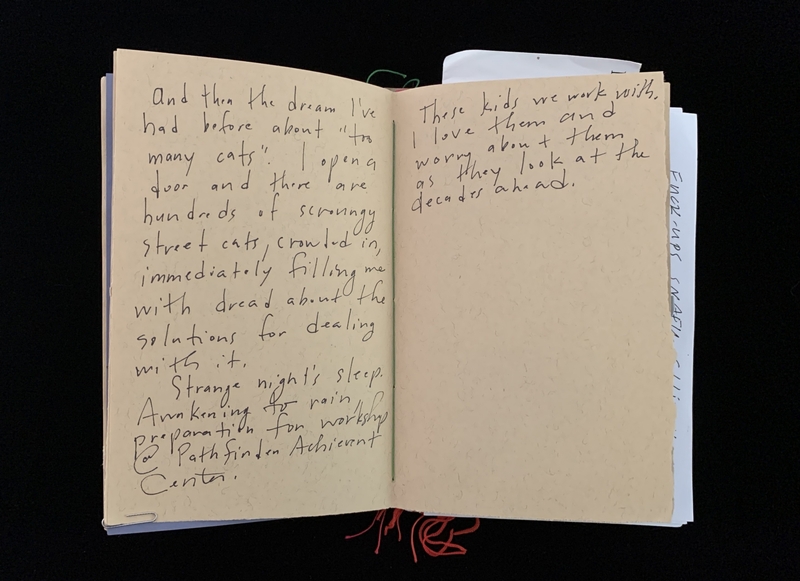 Open notebook with handwritten entries about dreams and working with children.