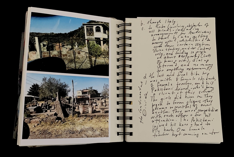 : A journal page featuring two photographs of a cemetery and handwritten notes discussing travel and interpersonal dynamics.
