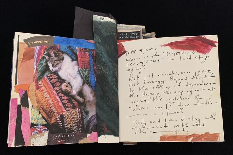 A collage featuring a sleeping cat on a colorful quilt and a handwritten note on aging.