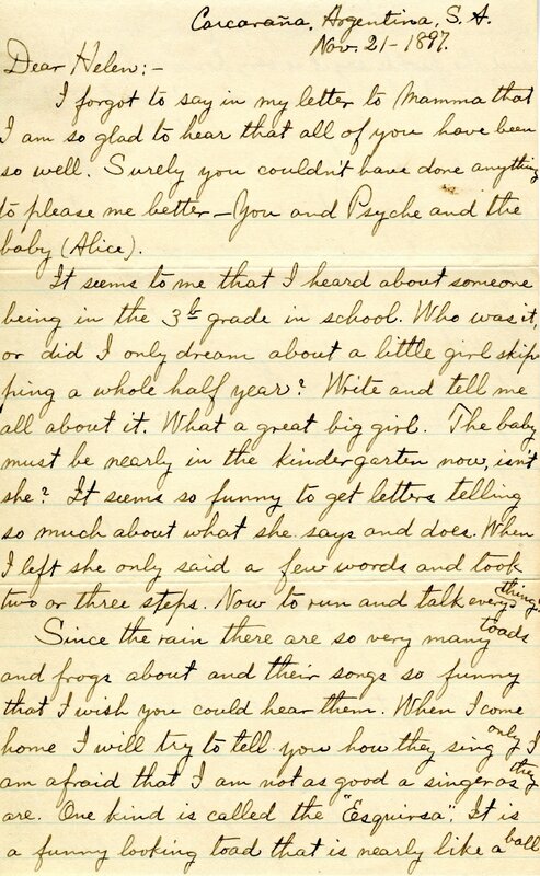 Handwritten 4 page letter from Lawrence Bruner to Helen Bruner, "I forgot to say in my letter to Mamma that I am so glad to hear that all of you have been so well."