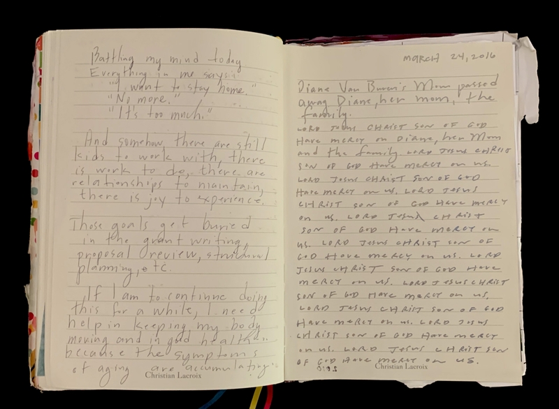 Open journal with handwritten notes detailing personal reflections and repeated lines of text. Dated March 24, 2016.