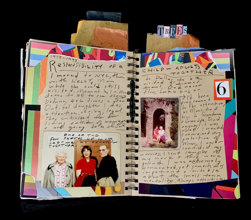 A scrapbook page featuring handwritten notes, photographs, and colorful decorations.