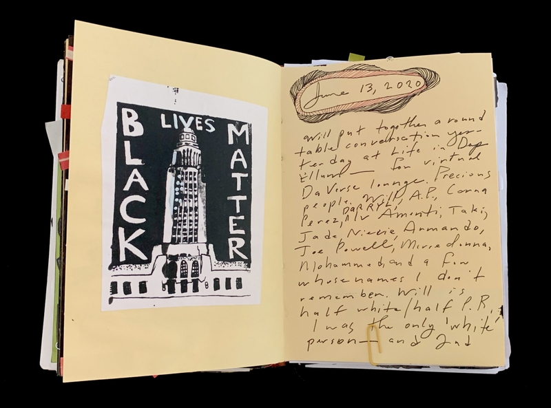 A handwritten journal entry dated June 13, 2020, featuring a Black Lives Matter poster and a list of names.