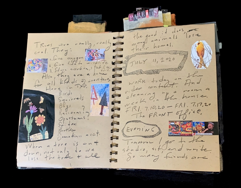 A handwritten journal page with various notes, doodles, and images, including a date and a mention of cleaning a room.