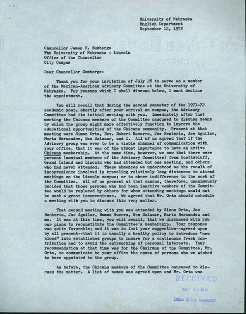 In this letter Professor Grajeda respectfully declines a request  by chancellor Zumberge for Grajeda to remain on the Chancellor's Advisory Committee on Mexican-American affairs. Of all the people that are asked to remain or become new members, Grajeda is the only one who declines. He gives his reasoning in a mater-of-fact recall of the happenings of the past two years in the committee (click on thumbnail to enlarge image).