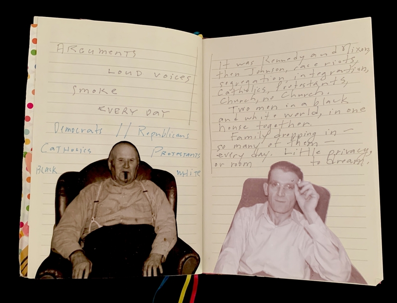 Open journal with handwritten text and photos of seated men on each page.