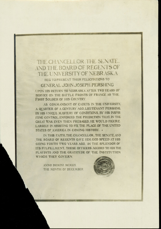 Board of Regents and Senate at the University of Nebraska presented felicitations and gratitude to J.J. Pershing on all of his achievements in World War I.