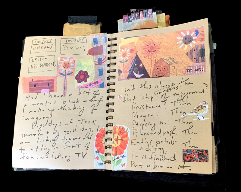 A creative journal page featuring handwritten text, colorful illustrations, and decorative elements.