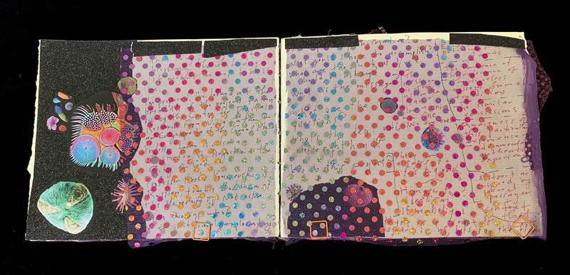 A vibrant, abstract page filled with colorful dots, doodles, and handwritten text.