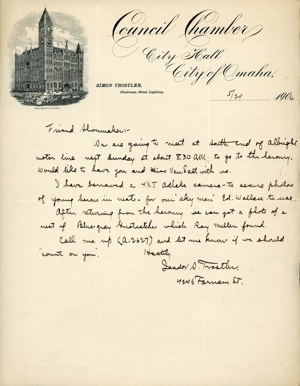 Handwritten letter, 1 page, from I.S. [Isador] Trostler to Frank H. Shoemaker, "We are going to meet at South end of Albright motor line next Sunday at about 8:30 AM to got to the..."