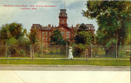 Postcard view with iron fence.