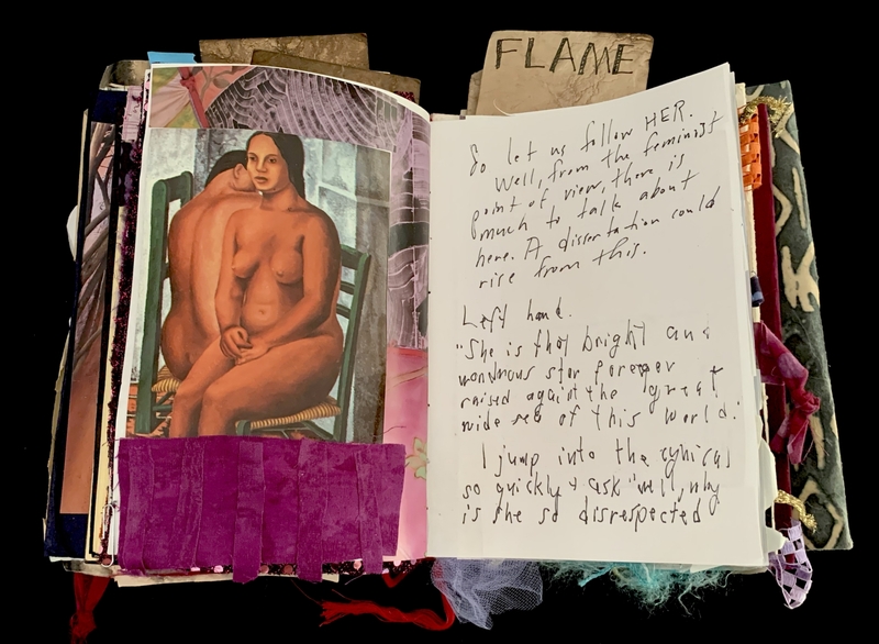 A collage page featuring a painting of two nude figures, accompanied by handwritten text discussing feminist themes.