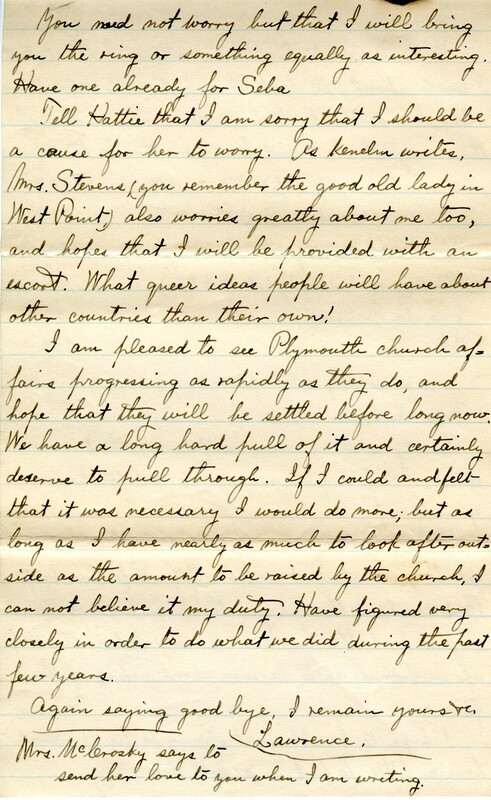 Handwritten 6 page letter from Lawrence Bruner to Marcia Bruner, "Your two letters of August 8th and 15th were awaiting me on my return from Paraguay."