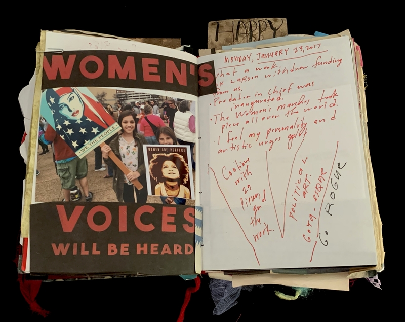 A scrapbook page featuring a "Women's Voices Will Be Heard" poster and handwritten notes about the Women's March.