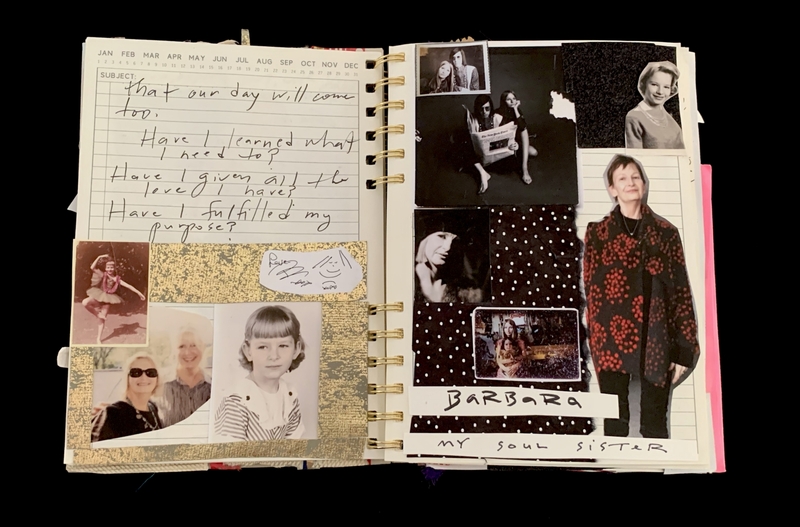 A personal scrapbook page featuring handwritten notes, photographs, and decorative elements.