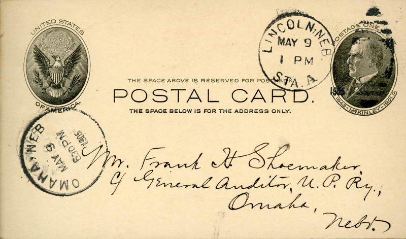 Handwritten postcard from Robert H. Wolcott to Frank H. Shoemaker, "Am looking foward with greatest anticipation to Saturday + Sunday."