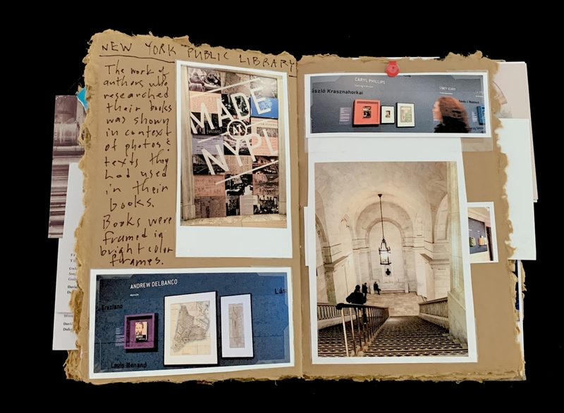 An open scrapbook displaying photos and handwritten notes about authors' works.