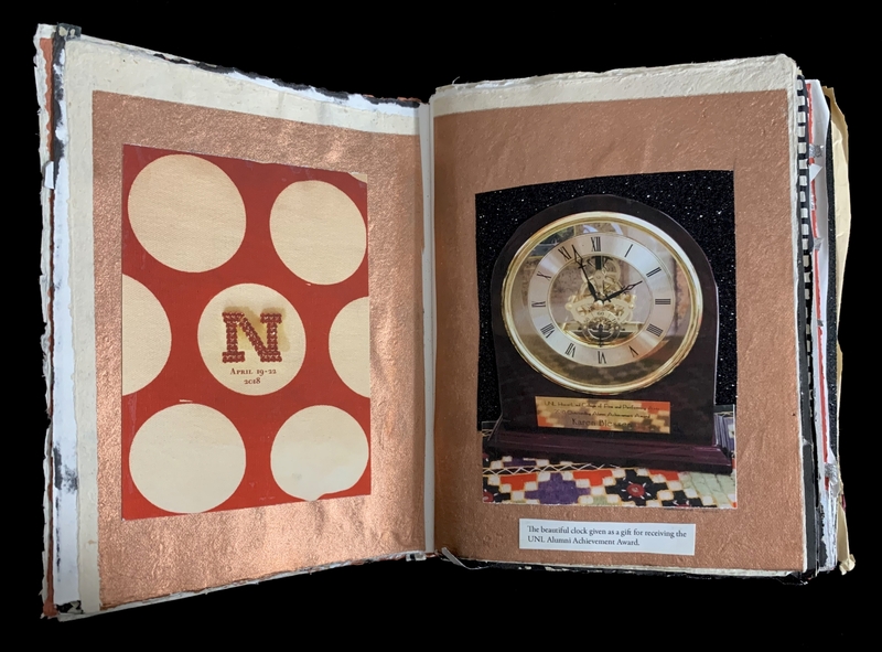 Open scrapbook showing a design with circles and a clock photo with a commemorative caption.