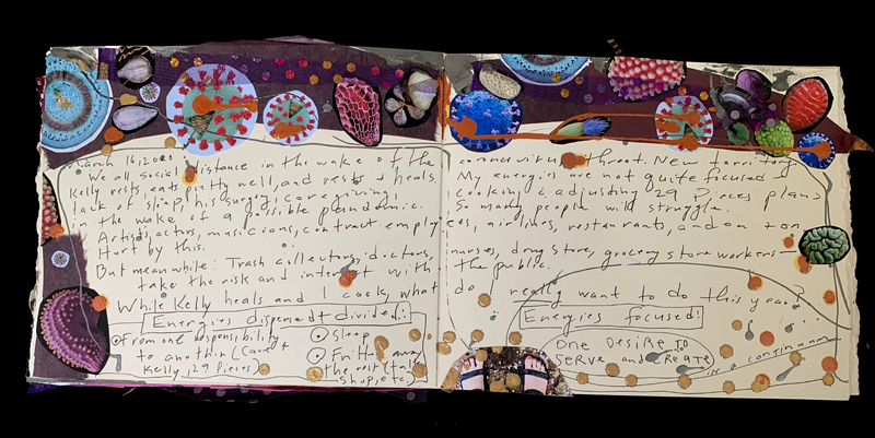 A mixed-media journal entry dated March 16, 2020, featuring handwritten notes, collage elements, and illustrations related to the coronavirus pandemic.