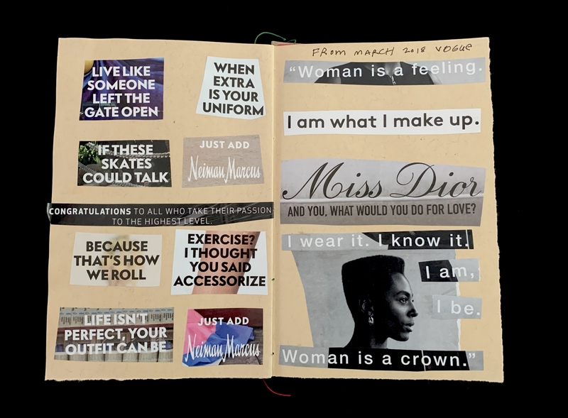 A collage with diverse cut-out phrases and a black and white photo of a woman.