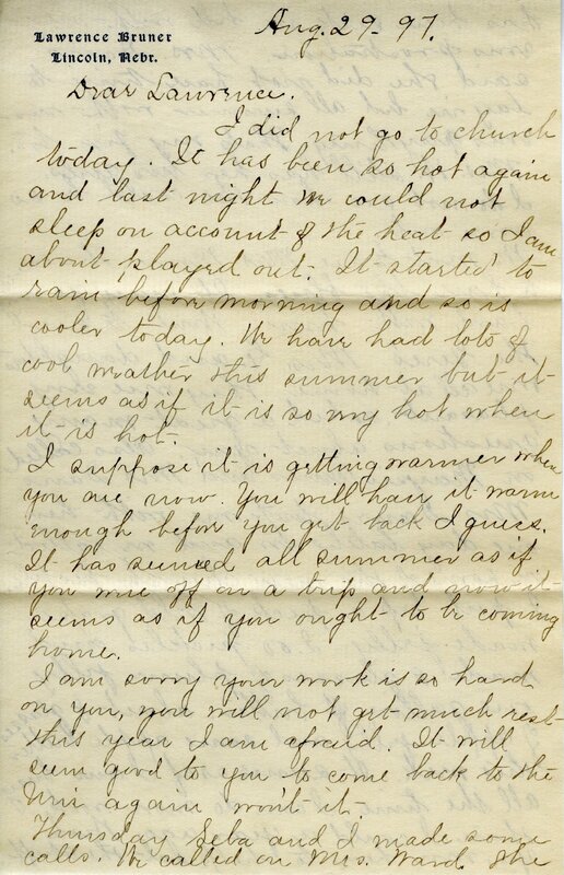 Handwritten 6 page letter from Marcia Bruner to Lawrence Bruner, "I did not go to church today..."