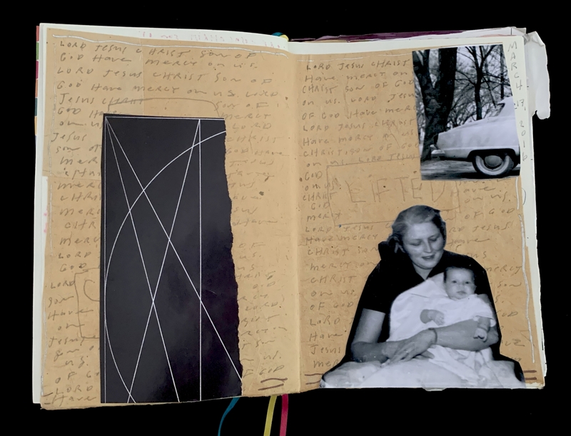 Open journal with handwritten notes, abstract art, and collaged black-and-white photos of a car and a woman with a baby.