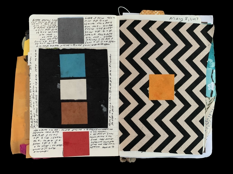 Open notebook with color collage and zigzag patterned page with handwritten notes and date.