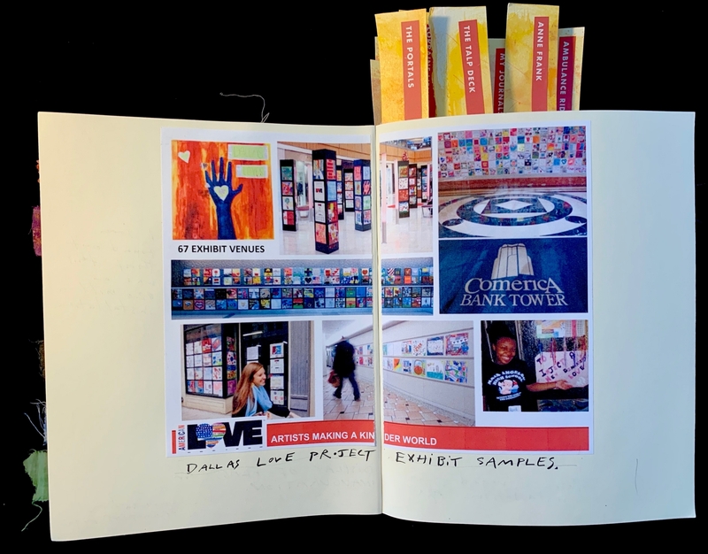 An open journal with images from an art exhibit and handwritten notes.