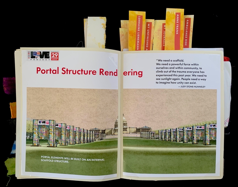 Open journal with rendered artwork of portal structures and a capitol building, featuring text about a project's structure and a quote by Judy Stone-Nunneley.