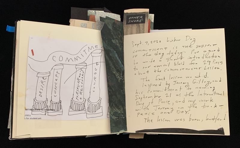 An open book with a drawing of columns and text about commitment.