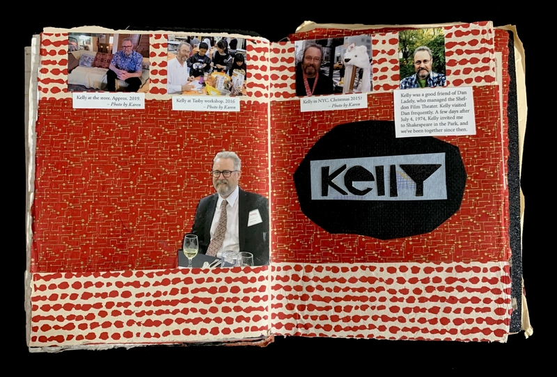 Scrapbook pages with photos, text, and patterned backgrounds featuring the name "KELLY."