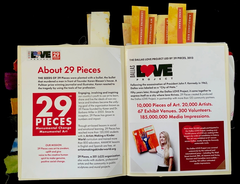 Open journal with two pages describing 29 Pieces and The Dallas Love Project, including a graphic, logos, and a photograph of a person holding art.