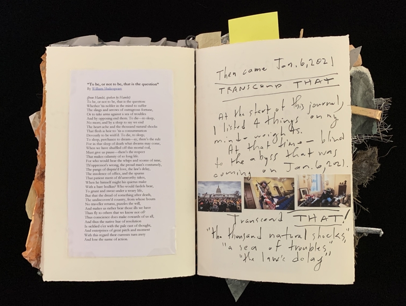 A journal page featuring a Shakespeare quote and handwritten notes, including a reference to January 6, 2021.