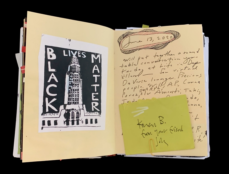 A handwritten note dated June 13, 2020, accompanied by a Black Lives Matter poster and a yellow sticky note.