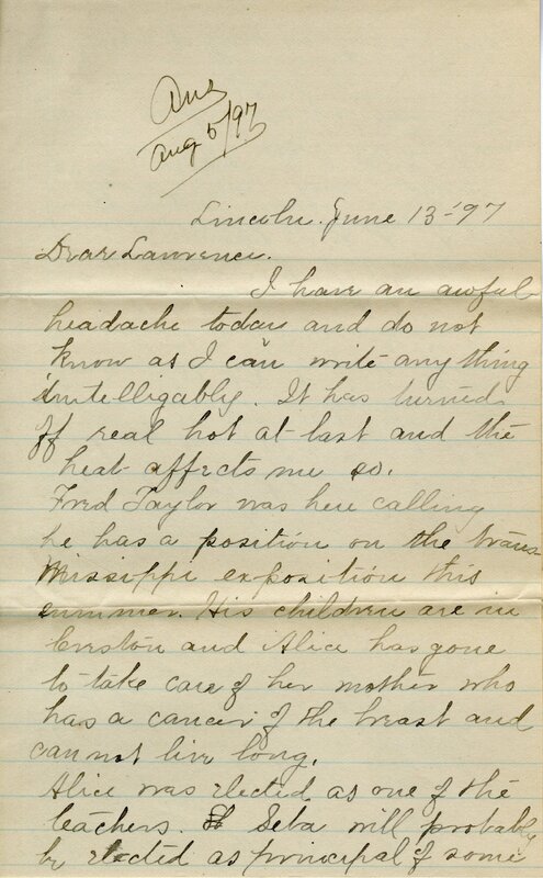 Handwritten 4 page letter from Marcia Bruner to Lawrence Bruner, "I have an awful headache today…"