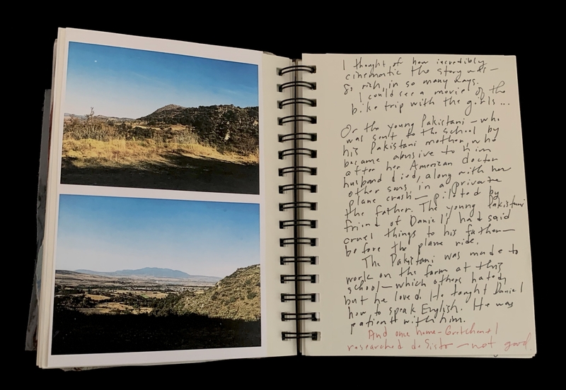 A spiral-bound notebook page featuring two landscape photographs and handwritten notes.