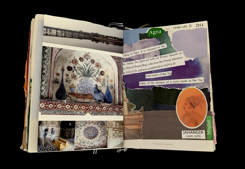 An open scrapbook with photos of historical architecture and decorative tiles, text fragments, and an illustration of Jahangir.
