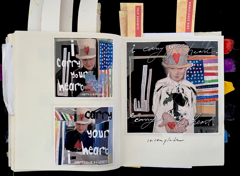 Journal pages with mixed media collages, text overlay, and artwork of a person with a hat.