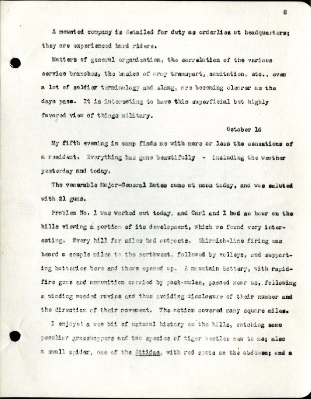 Frank H. Shoemaker typescript, 28 pages, titled "At Fort Riley, Kansas" on activities at Fort Riley between Oct. 12-29, 1903.